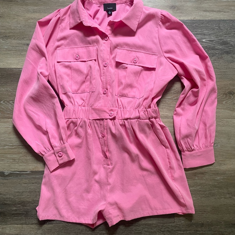 Pink Button Down Long Sleeve Romper from Lumiere
